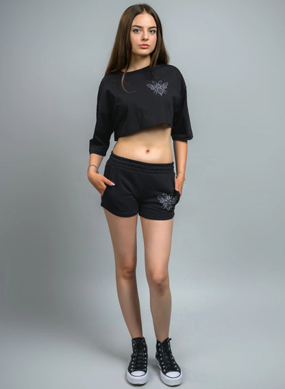 PANTALONI SCURTI DAMA CU PRINT ARGINTIU BUZZ QUEEN PDP1 - PD02