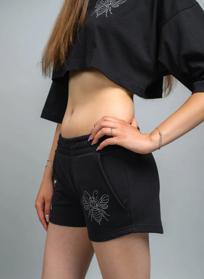 PANTALONI SCURTI DAMA CU PRINT ARGINTIU BUZZ QUEEN PDP1 - PD02