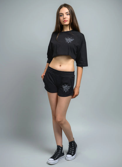 CROP TOP NEGRU CU IMPRIMEU ARGINTIU BUZZ QUEEN TDP4 - TD03